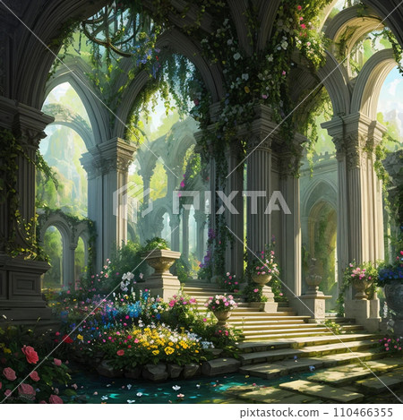 Flowers, trees, and rococo buildings 110466355