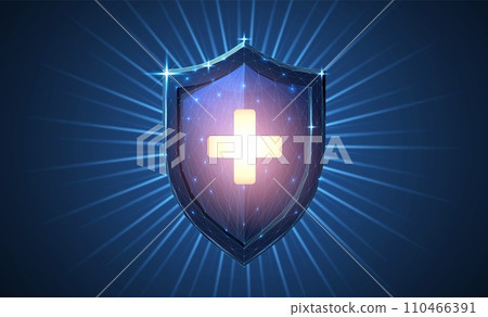Shining shield and cross. Antimicrobial protect, covid-19 vaccination, virus protection, immune system, bacterial immunology, antivirus guard 110466391