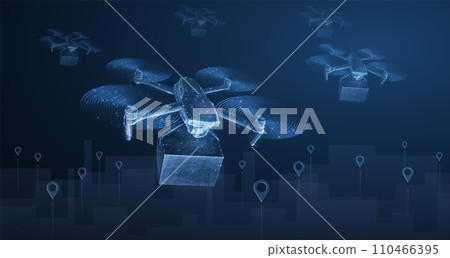 Drone. Low pole 3D drone on cityscape with pins 110466395