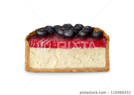 Half of Classic New York cheesecake with strawberry jam decorated with blueberries close up isolated photo on white Half of Classic New York cheesecake with strawberry jam decorated with blueberries close up isolated photo on white 110466432