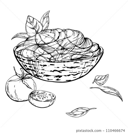 Hand drawn vector ink illustration. Pasta Italian cuisine dish, spaghetti noodles, tomato basil oregano herb leaves. Composition isolated on white. Restaurant, menu, food shop package, flyer, print. 110466674