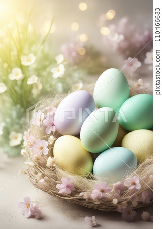 Celebrating Easter, holiday greeting card mockup with light bokeh, flowers and colored eggs. 110466683