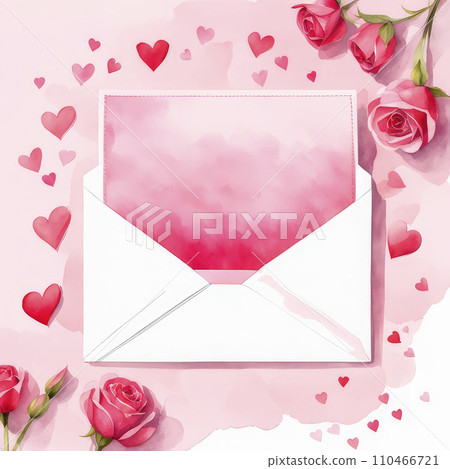Watercolor valentine envelope letter with hearts on white background. Watercolor valentine envelope letter with hearts on white background. 110466721