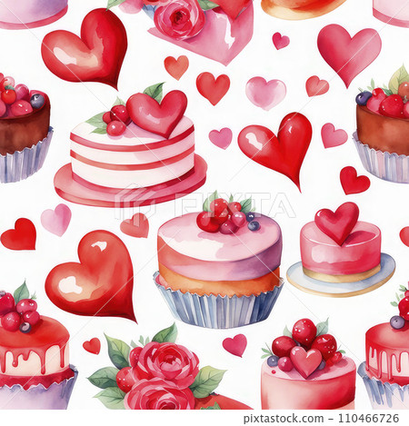 Watercolor valentine cake decorated with hearts on white background. Watercolor valentine cake decorated with hearts on white background. 110466726