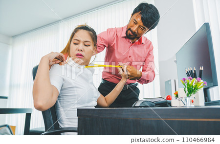 The boss or supervisor is harassing and hurting a female employee. Causing young employees to resist because they are uncomfortable and afraid of being sexually abused. Concept of sexual harassment in The boss or supervisor is harassing and hurting a female employee. Causing young employees to resist because they are uncomfortable and afraid of being sexually abused. Concept of sexual harassment in 110466984