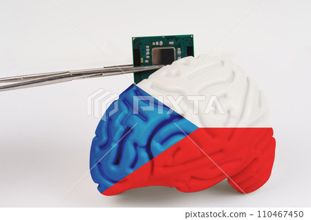 On a white background, a model of the brain with a picture of a flag - Czech,a microcircuit, a processor, is implanted into it. On a white background, a model of the brain with a picture of a flag - Czech,a microcircuit, a processor, is implanted into it. 110467450