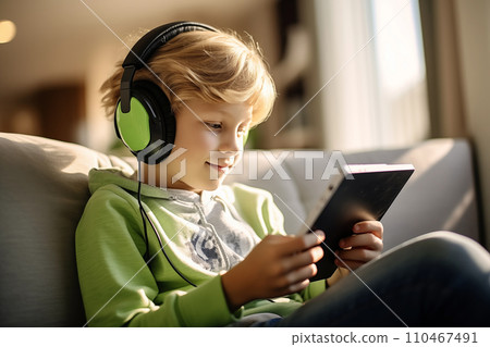 Portrait of a boy using gadgets since childhood. AI generated. 110467491