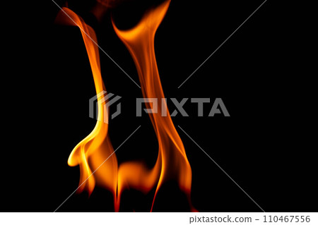 Hot flames on a black background. Beautiful flame of fire in the dark. Abstract of burning flames and smoke. 110467556