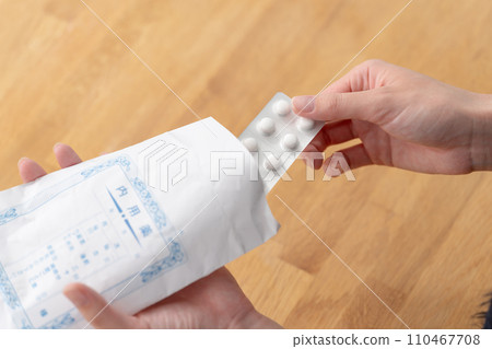 Woman taking medicine at hand 110467708