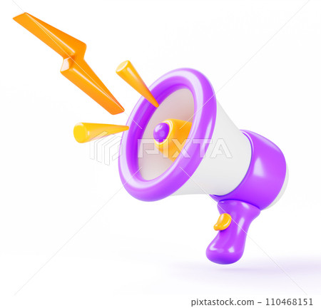 3d loudspeaker icon, purple white megaphone with loud sound, shout or scream in shape of gold lightning flashes. Isolated media megafon for message or speech on advertising banner. 3D illustration 110468151