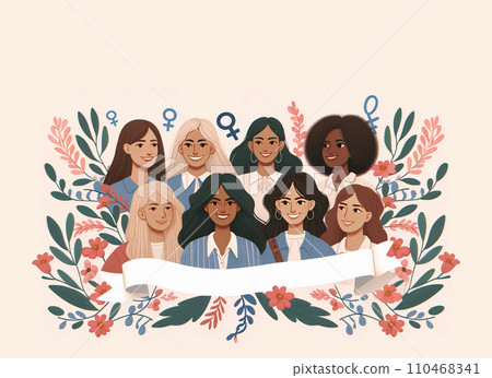 Multicultural diversity group women and girls - face portrait. Women s day. Female social community of diverse culture. Racial equality. Colleagues. Empowerment or inclusion 110468341
