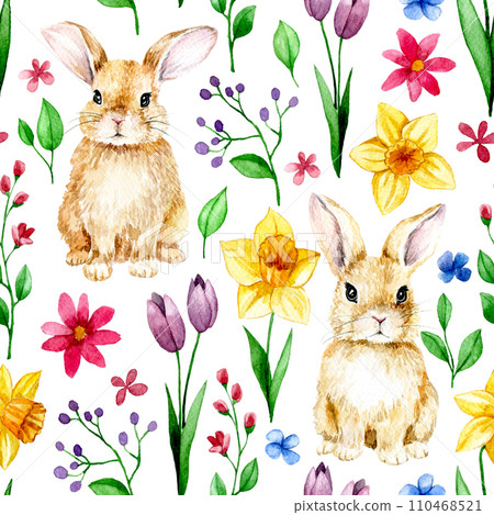seamless pattern of cute Easter bunnies and spring flowers. daffodils, tulips, holiday print 110468521