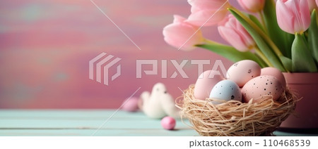 Easter composition with painted eggs. Generative AI Easter composition with painted eggs. Generative AI 110468539