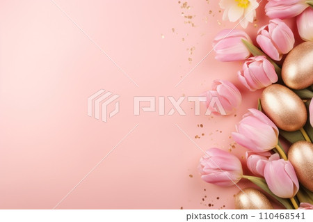 Easter pattern of pastel colorful eggs and spring tulips. Religion tradition. Generative AI Easter pattern of pastel colorful eggs and spring tulips. Religion tradition. Generative AI 110468541
