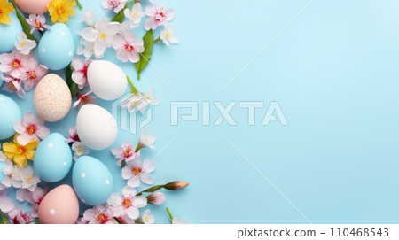 Easter frame of pastel colorful eggs. Religion tradition. Generative AI Easter frame of pastel colorful eggs. Religion tradition. Generative AI 110468543