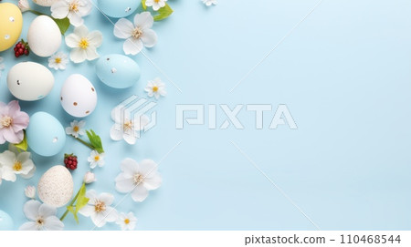 Easter frame of pastel colorful eggs. Religion tradition. Generative AI Easter frame of pastel colorful eggs. Religion tradition. Generative AI 110468544