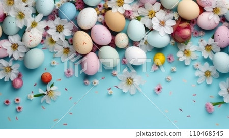 Easter frame of pastel colorful eggs. Religion tradition. Generative AI Easter frame of pastel colorful eggs. Religion tradition. Generative AI 110468545