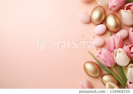 Easter pattern of pastel colorful eggs and spring tulips. Religion tradition. Generative AI 110468550