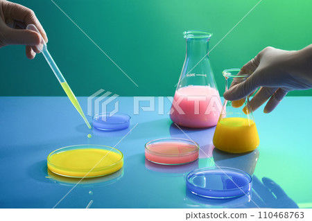 Modern medical research laboratory glassware with biochemicals on the table. Some scientists are working or researching on these chemicals. Concept of chemical, scientific experiment 110468763
