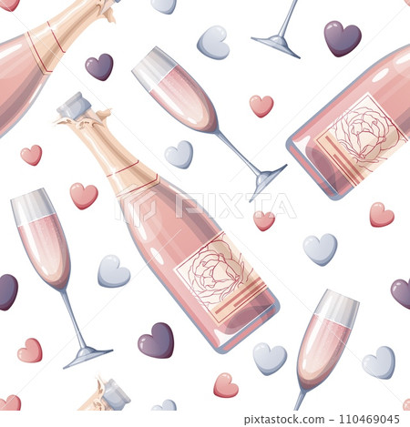 Seamless pattern with champagne bottle, glass and hearts. Great for wrapping paper, fabric, wallpaper, textiles. Background for Valentine's Day. Seamless pattern with champagne bottle, glass and hearts. Great for wrapping paper, fabric, wallpaper, textiles. Background for Valentine's Day. 110469045