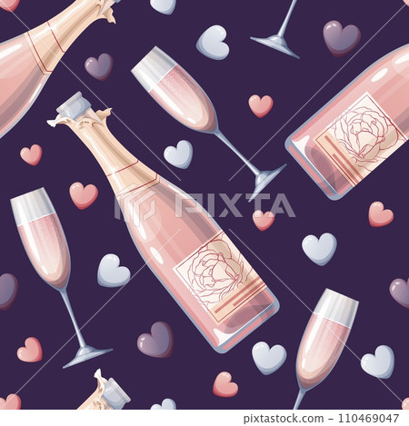 Seamless pattern with champagne bottle, glass and hearts. Great for wrapping paper, fabric, wallpaper, textiles. Background for Valentine's Day. Seamless pattern with champagne bottle, glass and hearts. Great for wrapping paper, fabric, wallpaper, textiles. Background for Valentine's Day. 110469047