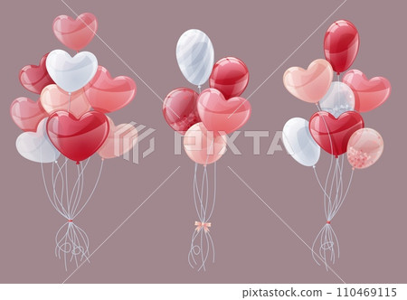Set of bunches of red and pink balloons on an isolated background. Heart-shaped balloons for Valentine's Day, wedding, holiday. Set of bunches of red and pink balloons on an isolated background. Heart-shaped balloons for Valentine's Day, wedding, holiday. 110469115