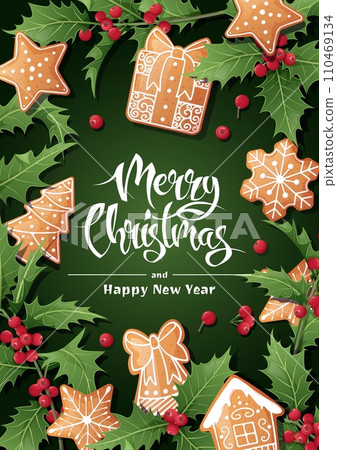 Merry Christmas Holiday card, flyer and invitation. Festive background with holly, berries and gingerbread cookies. Merry Christmas and New Year Merry Christmas Holiday card, flyer and invitation. Festive background with holly, berries and gingerbread cookies. Merry Christmas and New Year 110469134