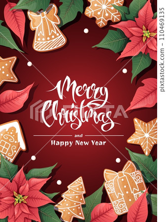 Merry Christmas Holiday card, flyer and invitation. Holiday background with poinsettia and gingerbread cookies. Merry Christmas and New Year. Merry Christmas Holiday card, flyer and invitation. Holiday background with poinsettia and gingerbread cookies. Merry Christmas and New Year. 110469135