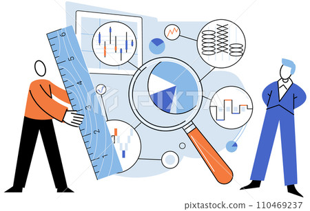Key metrics. Vector illustration. Key metrics help evaluate efficiency marketing campaigns Success in finance depends on analyzing financial metrics and making data-driven decisions Statistics play 110469237