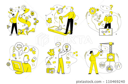 Business thinking vector illustration. The symphony success is orchestrated by harmonious notes business thinking Strategy and analysis build bridges over river challenges in business thinking 110469240