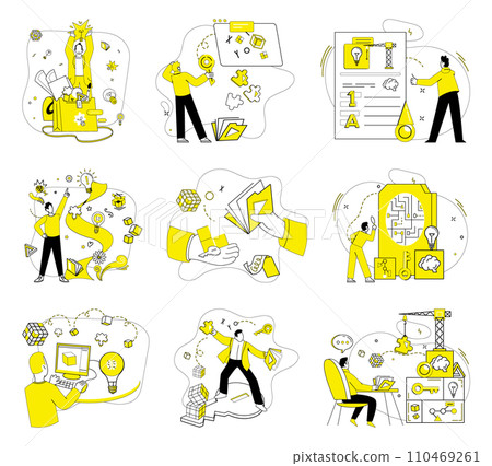 Creative process vector illustration. Creative actions birth solutions, woven from fabric nonstandard ideas Intelligence and intellect shape contours evolving creative process Development and change Creative process vector illustration. Creative actions birth solutions, woven from fabric nonstandard ideas Intelligence and intellect shape contours evolving creative process Development and change 110469261