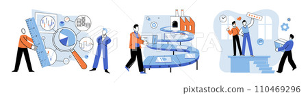 Quality control. Vector illustration. The investigation helps identify root cause quality issues Regular maintenance ensures safety and quality product Safety checks are performed to mitigate 110469296