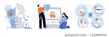 Cyber security vector illustration. Secure access to systems and information is essential for maintaining privacy Firewall software acts as protective barrier against cyber threats Tech professionals 110469298