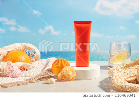Round podium with a red tube of sunscreen standing on. The concept of protection against ultraviolet rays and the harmful effects of the sun on the skin Round podium with a red tube of sunscreen standing on. The concept of protection against ultraviolet rays and the harmful effects of the sun on the skin 110469341