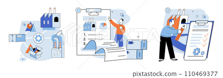 Quality control. Vector illustration. The review manufacturing process helps identify areas for improvement The examination product ensures it meets desired quality criteria Risk assessment Quality control. Vector illustration. The review manufacturing process helps identify areas for improvement The examination product ensures it meets desired quality criteria Risk assessment 110469377