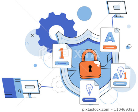 Cyber security vector illustration. The cyber security metaphor compares digital protection to safeguarding valuables with lock Secure access to systems and information is essential for maintaining Cyber security vector illustration. The cyber security metaphor compares digital protection to safeguarding valuables with lock Secure access to systems and information is essential for maintaining 110469382
