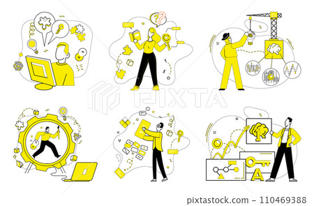 Business thinking vector illustration. Business thinking metaphorically dances with creativity in ballet innovation Intelligence and analysis are guiding stars in galaxy business thinking 110469388