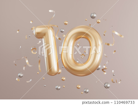 Golden shiny number ten and confetti on beige, neutral background. Symbol 10. Tenth birthday party, business anniversary. Festive event. Elegant, luxury numbers. 3D render. 110469733