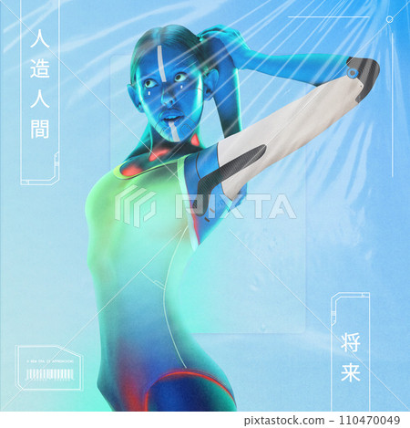 Neon Frontier with 3D element. Music album visual representing journey through synthwave soundscape, led by cosmic navigator. Future, artificial human in Japanese. Neon Frontier with 3D element. Music album visual representing journey through synthwave soundscape, led by cosmic navigator. Future, artificial human in Japanese. 110470049