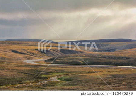 Scarce landscape of cold Arctic desert. Novaya Zemlya archipelago. Nuclear testing range 3 Scarce landscape of cold Arctic desert. Novaya Zemlya archipelago. Nuclear testing range 3 110470279