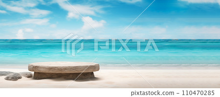AI-generated content. Summer beach themed background for advetrising product display, stone podium 110470285