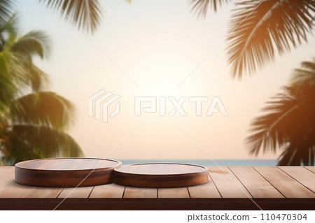 AI-generated content. Advertising summer themed with tropical leaves, wooden podiums, direct sunlight 110470304