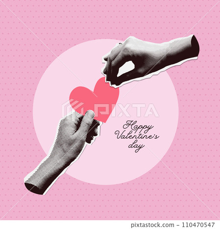 Vintage Art collage design for 14 February with halftone hands holding one heart. Contemporary template for banner, card. Cut out New wave style vector illustration for Valentine s day 110470547