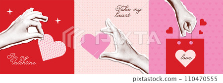 Halftone Valentines day collage covers set in contemporary mixed media style. Modern vector poster with dotted elements - hands and hearts. Concept of relationship, love, romance, valentine day. 110470555