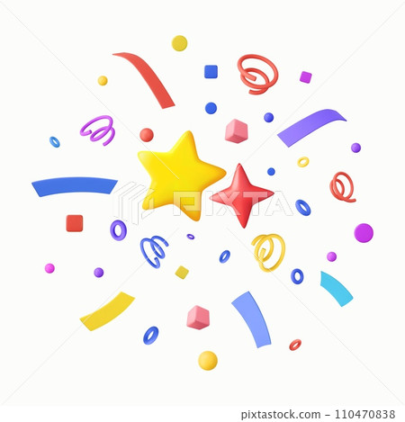 3D Party confetti with star and serpentine ribbon. Birthday surprise. Festive decoration elements for poster or banner. 3D Party confetti with star and serpentine ribbon. Birthday surprise. Festive decoration elements for poster or banner. 110470838