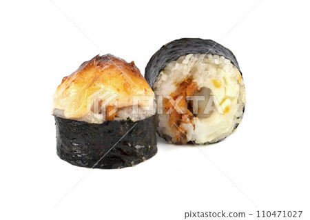 Sushi closeup isolated on white background. Sushi with seaweed nori baked. 110471027