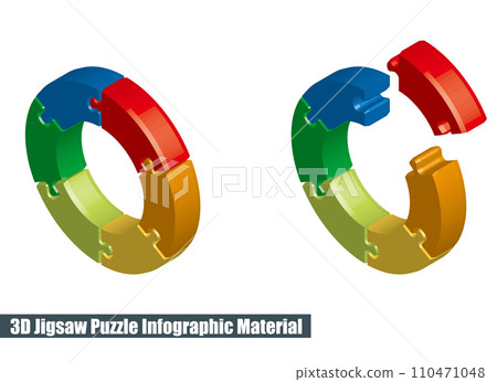 A graphic material and three-dimensional illustration of an isometric circular puzzle composed of a six-color color wheel. 110471048