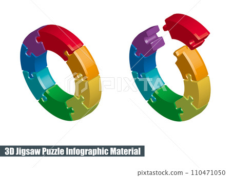 三維插圖，由八種顏色的色輪組成的等距圓形拼圖的圖形材料。 110471050