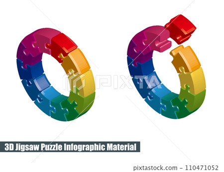 A graphic material and 3D illustration of an isometric circular puzzle composed of a 12-color color wheel. A graphic material and 3D illustration of an isometric circular puzzle composed of a 12-color color wheel. 110471052