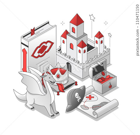 Magic childhood - isometric black and red line illustration 110471150